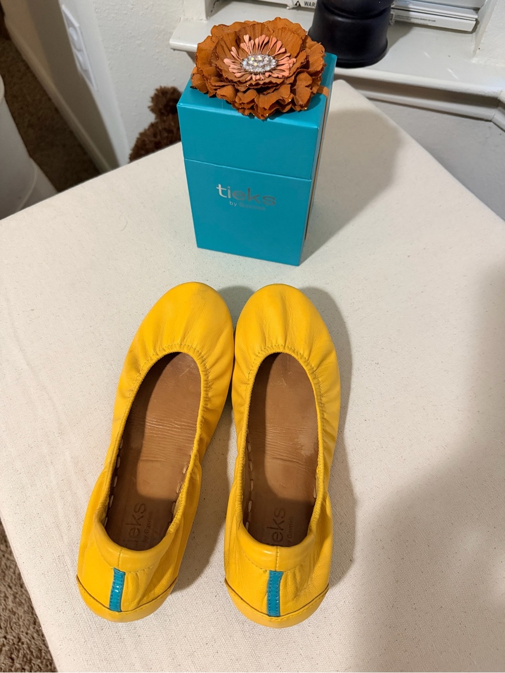 Tieks Mustard Yellow Leather Ballet Flats with Teal Heel Stripe